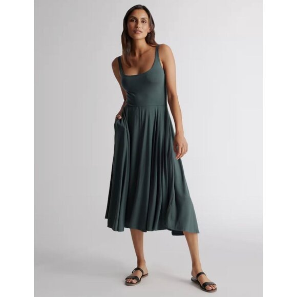 Quince Tencel Jersey Fit Flare Tank Midi Dress Dark Olive Green Medium - Picture 1 of 13